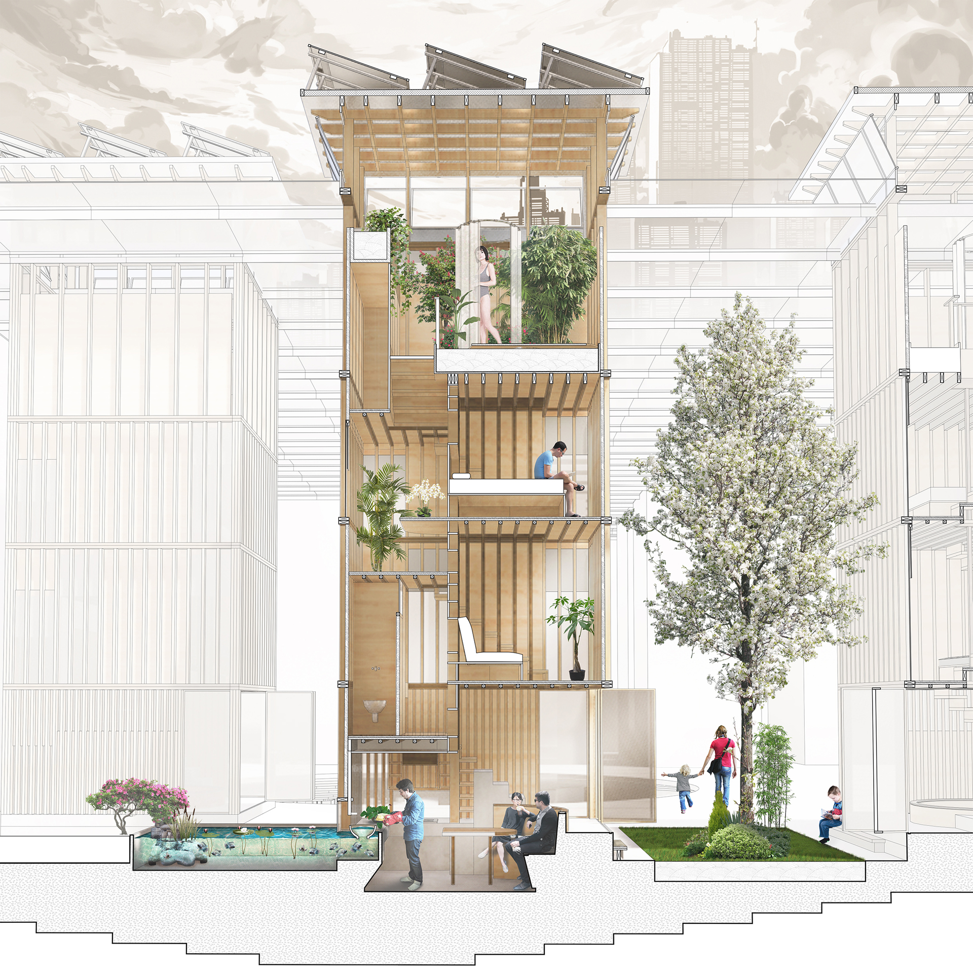 Rendered view of the housing in The Conservatory, a mixed-use market and housing scheme at Farringdon, London.