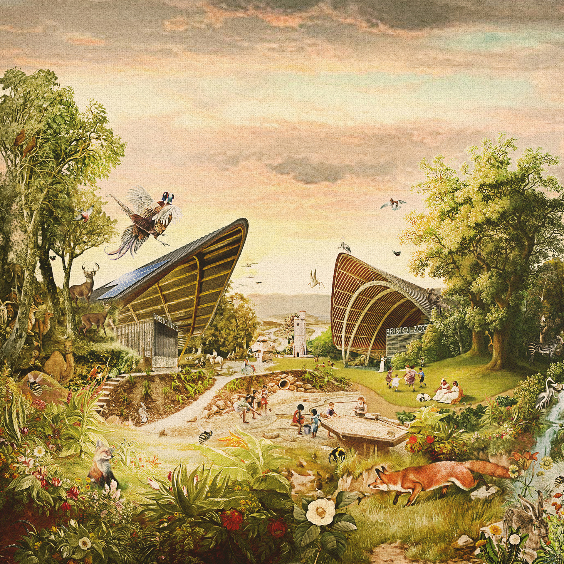 Stylised painted rendering of the competition entry for Bristol Zoological Society's Wild Place 2035 development.