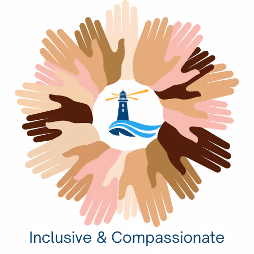 Different color hands in a circle with Towerlight Health and Wellness icon and text reading "Inclusive & Compassionate"