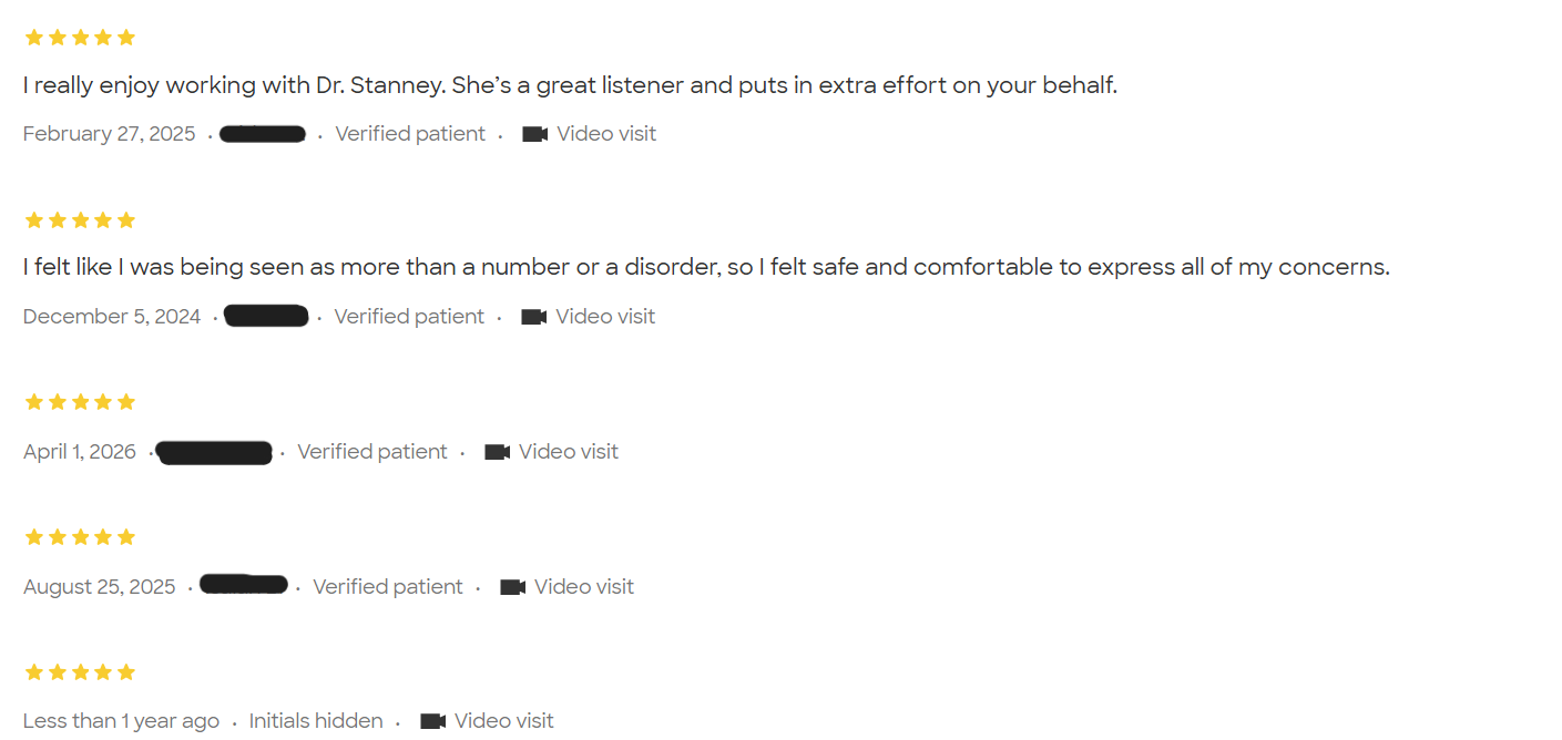 Eleven Towerlight Health and Wellness 5-star reviews from verified patients. The top testimonial reads, "I felt like I was being seen as more than a number or a disorder, so I felt safe and comfortable to express all of my concerns."