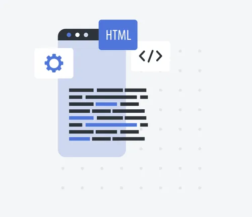 Illustration of a web browser window with HTML code snippets and icons for settings and coding.