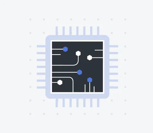 Illustration of a microchip with blue and white nodes connected by white circuit lines on a dark square background.