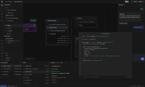 Dark mode chatbot development interface showing workflow design, state viewer, code editor with Botpress SDK code, and an emulator chat window.
