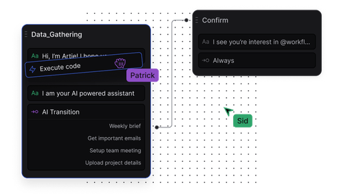 Two dark-themed UI panels labeled Data_Gathering and Confirm with text about AI assistant and code execution, including user tags Patrick and Sid with pointers.