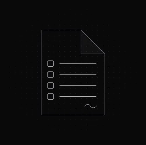 Outline of a document with four checkboxes and horizontal lines, and a wavy signature at the bottom right on a black background.
