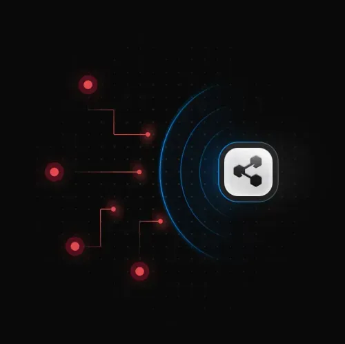 Icon representing network connections radiating from a central app icon with blue curved lines and connected red dots on a dark background.