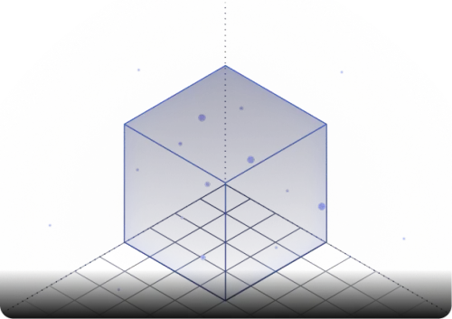 Transparent blue cube with glowing edges and small particles inside, casting a triangular shadow on a dark surface.