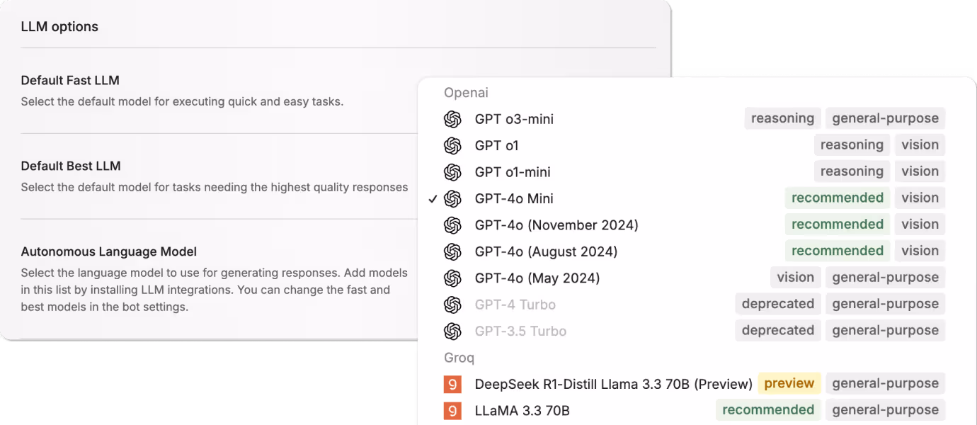 UI of LLM strategy setting in Botpress Studio