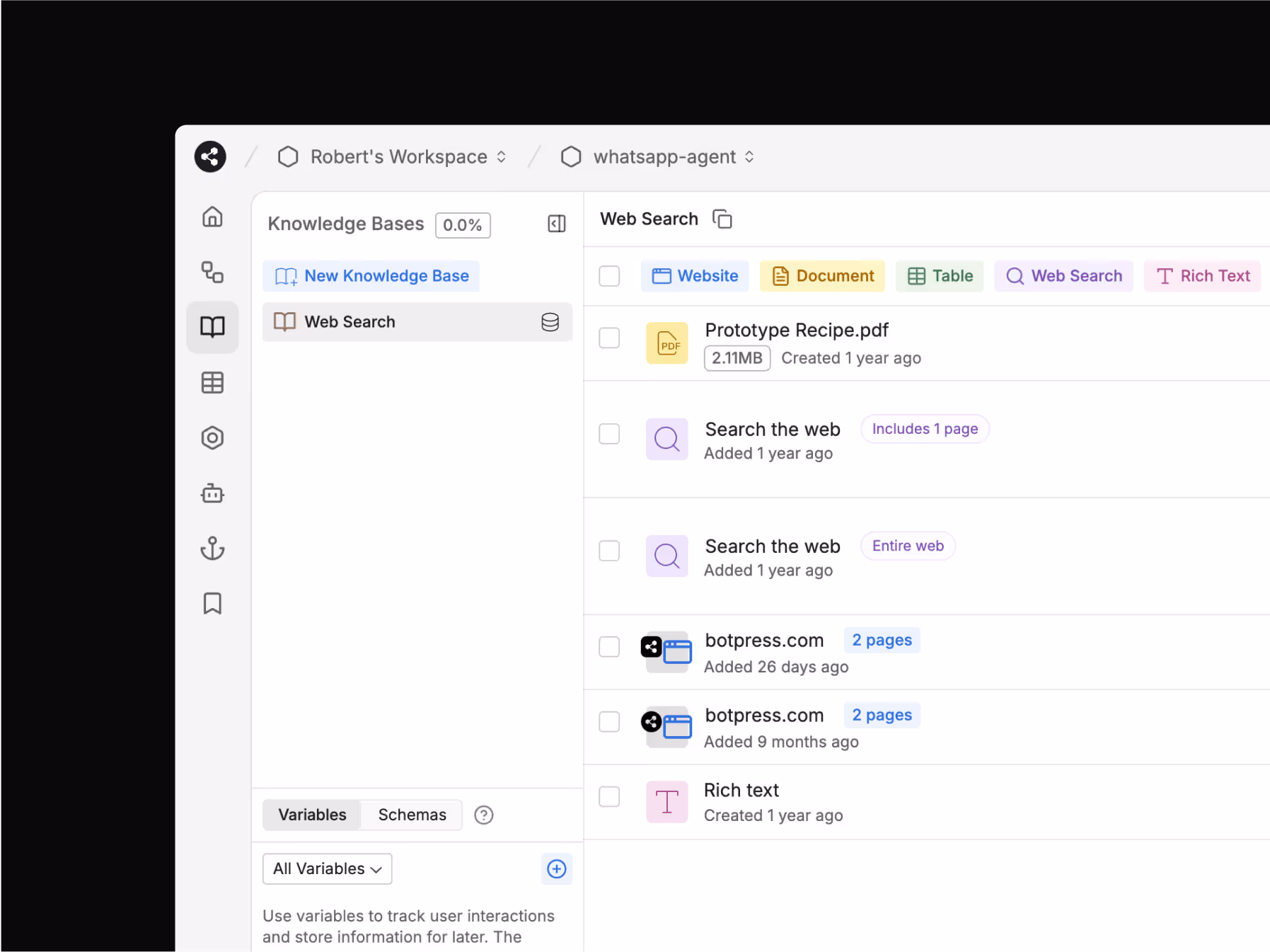 UI of knowledge base in Botpress Studio 