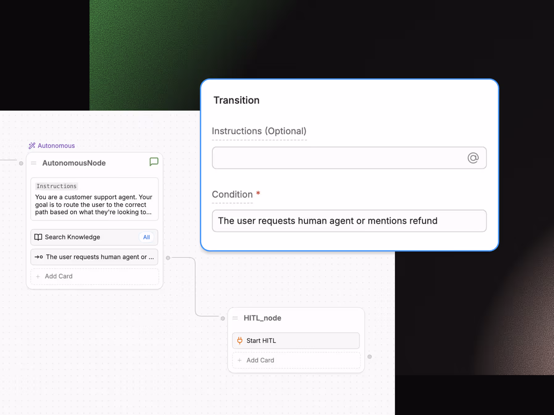 L'interfaccia di personalizzazione della logica di attivazione in Botpress Human Handoff