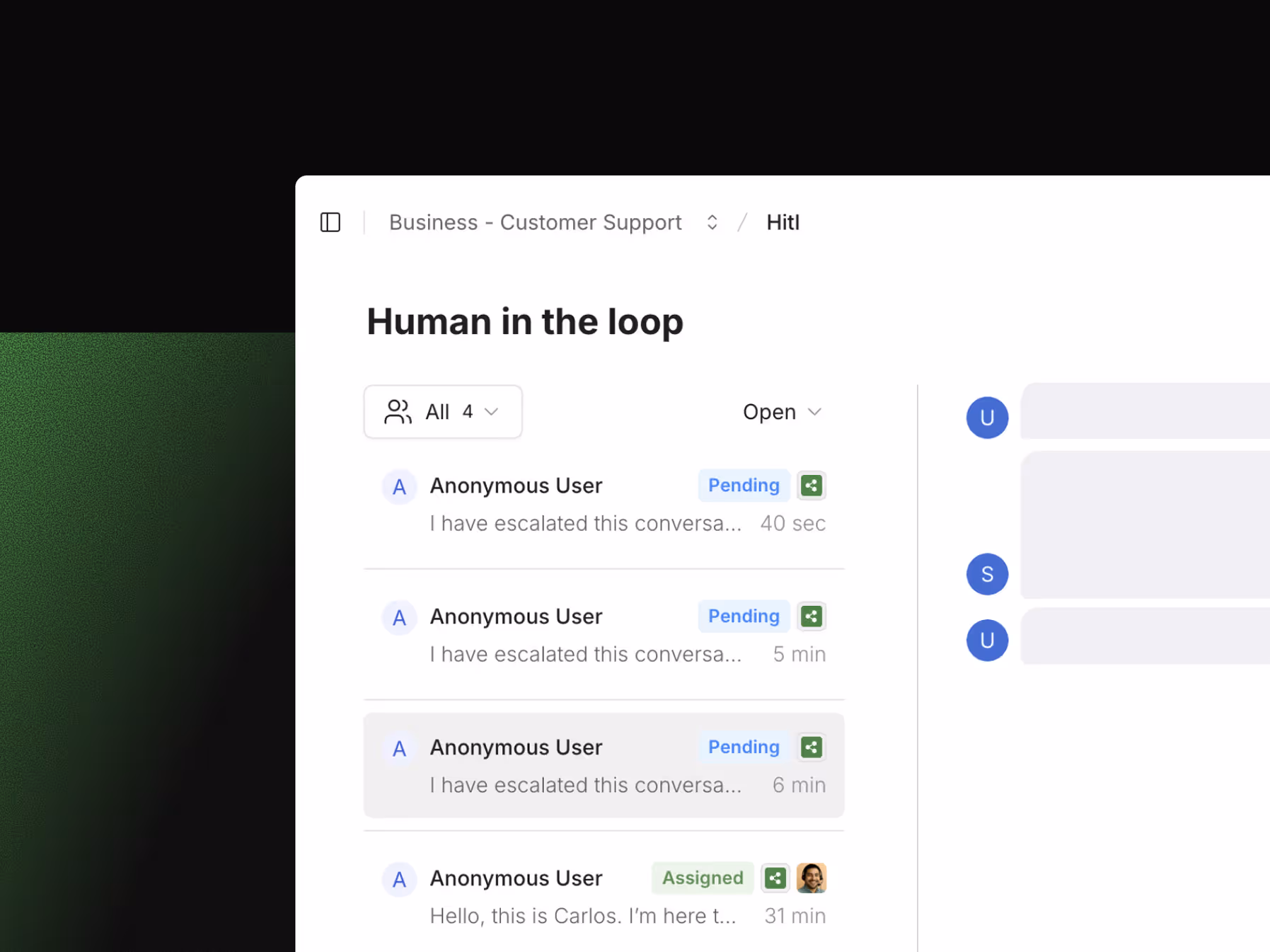 L'interfaccia della casella di posta centralizzata in Botpress Human Handoff