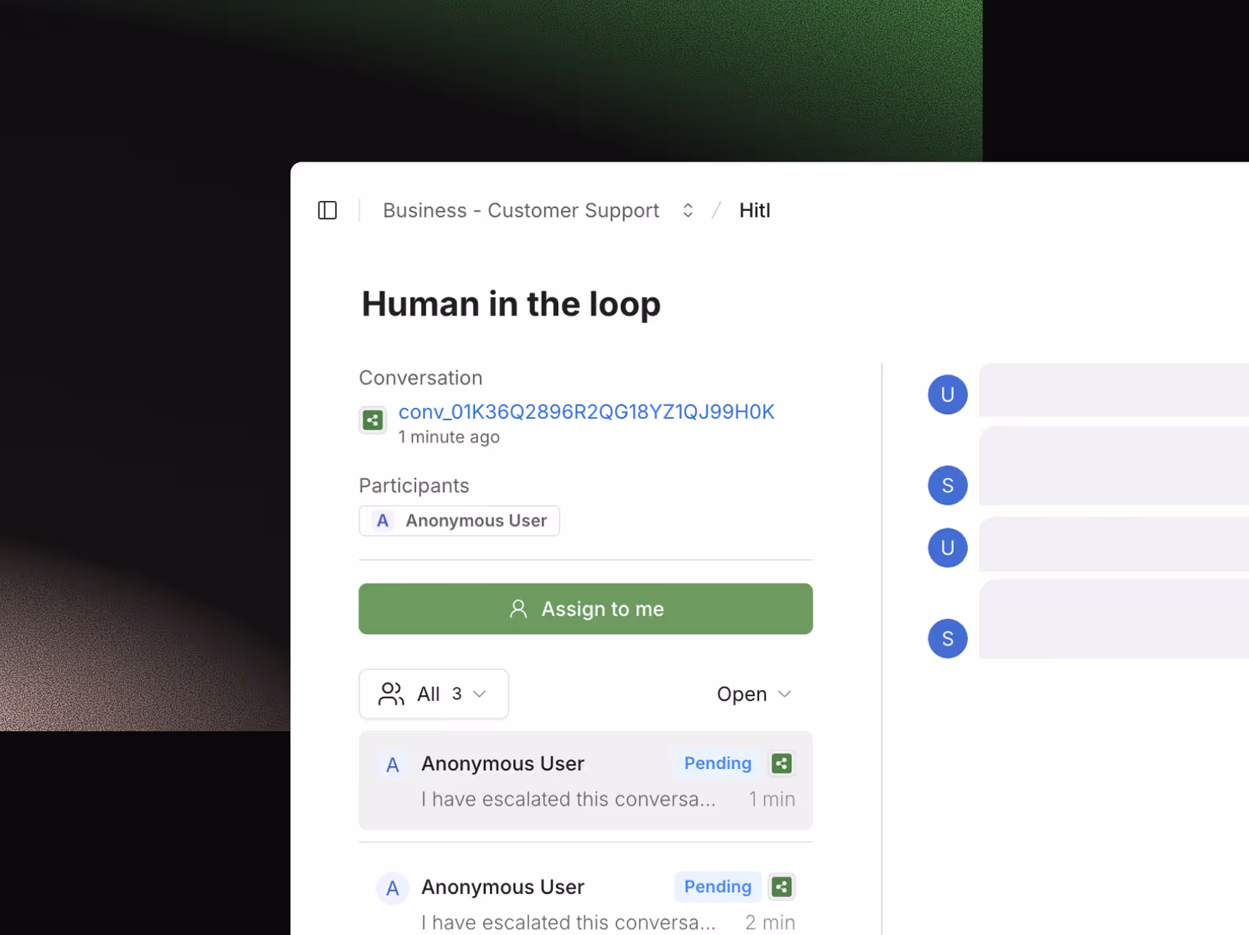 L'interfaccia di assegnazione della conversazione in Botpress Human Handoff