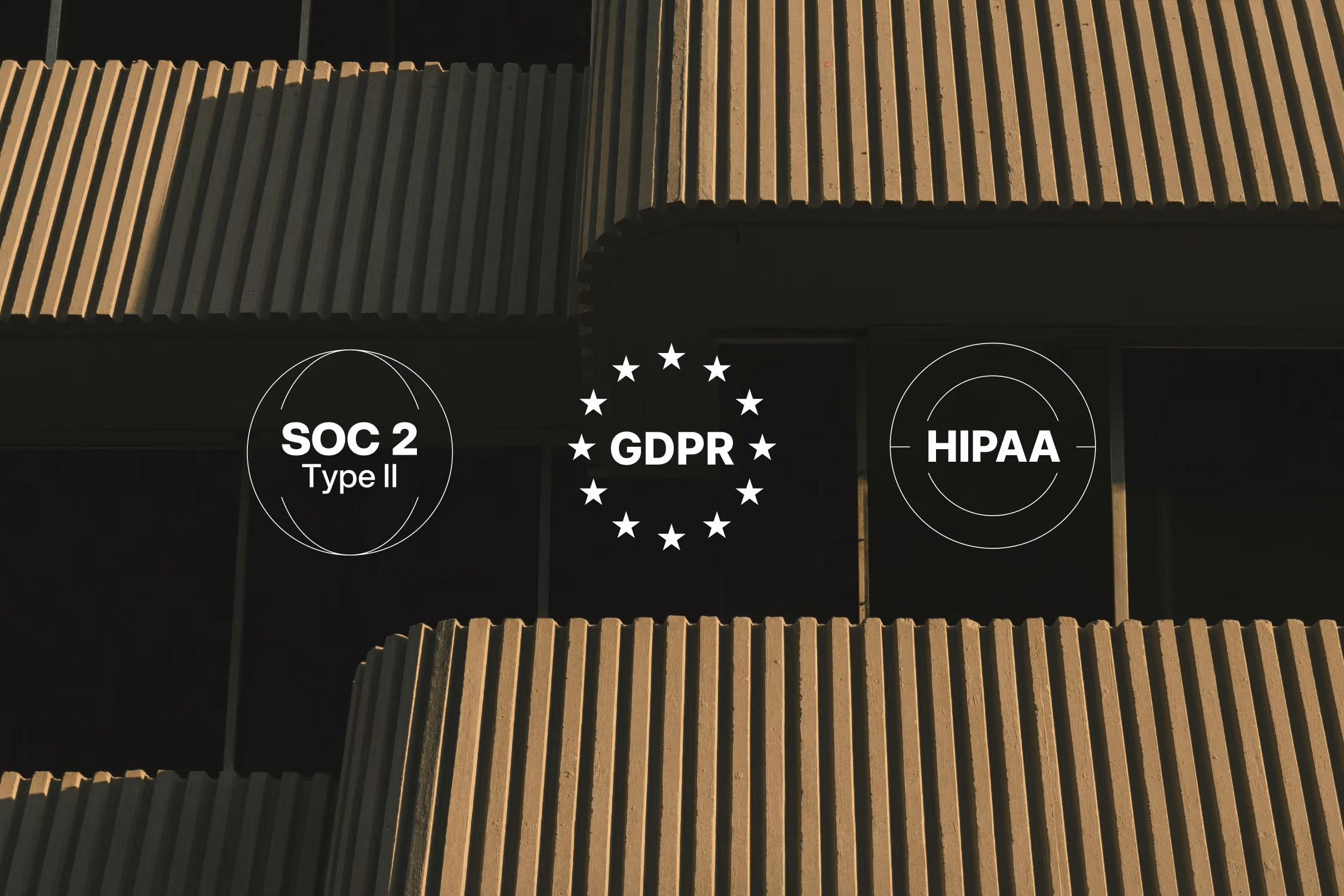 Icons representing SOC 2 Type II, GDPR with stars, and HIPAA compliance on a textured building background.