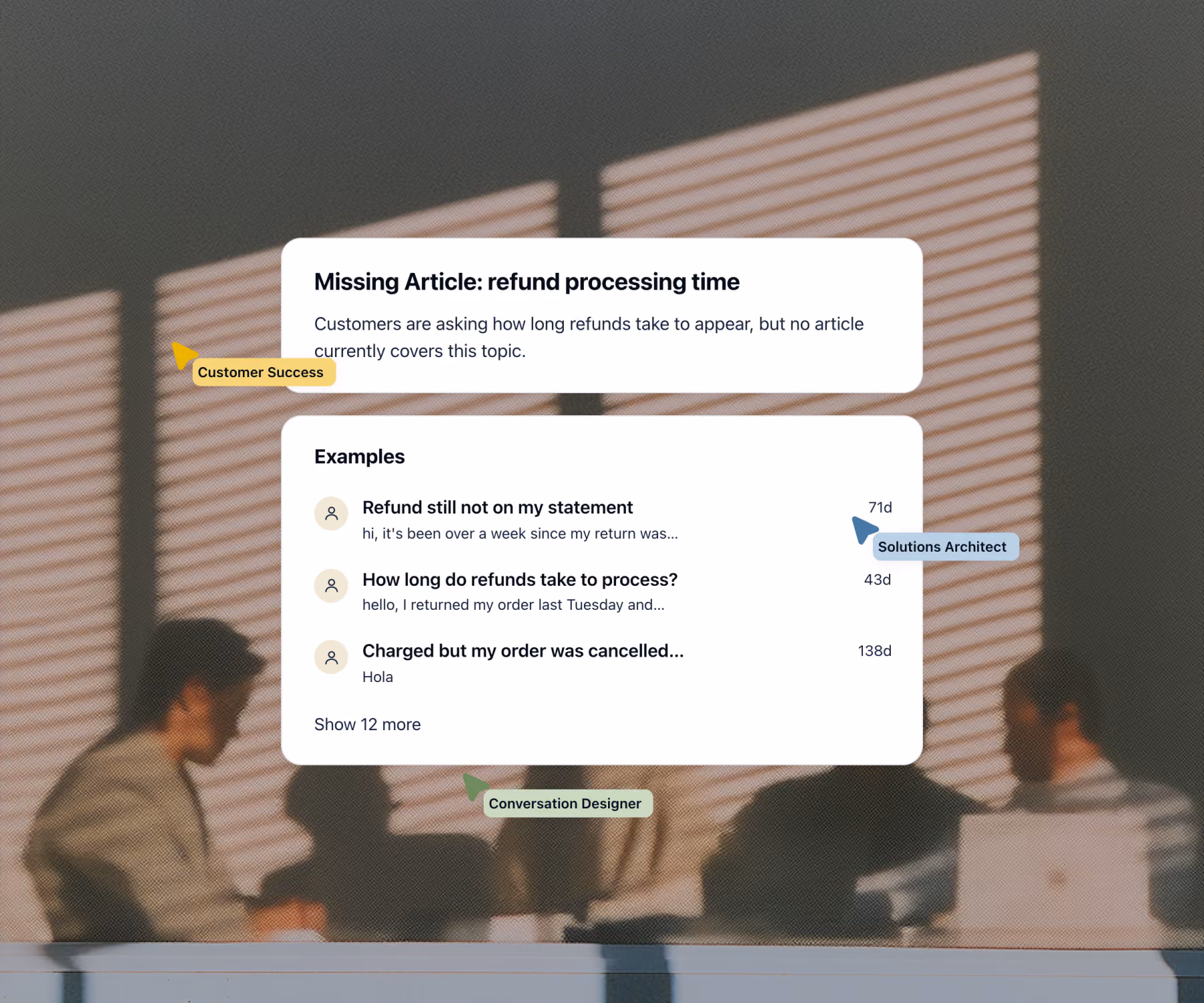User interface showing missing article about refund time with example customer questions and role tags.