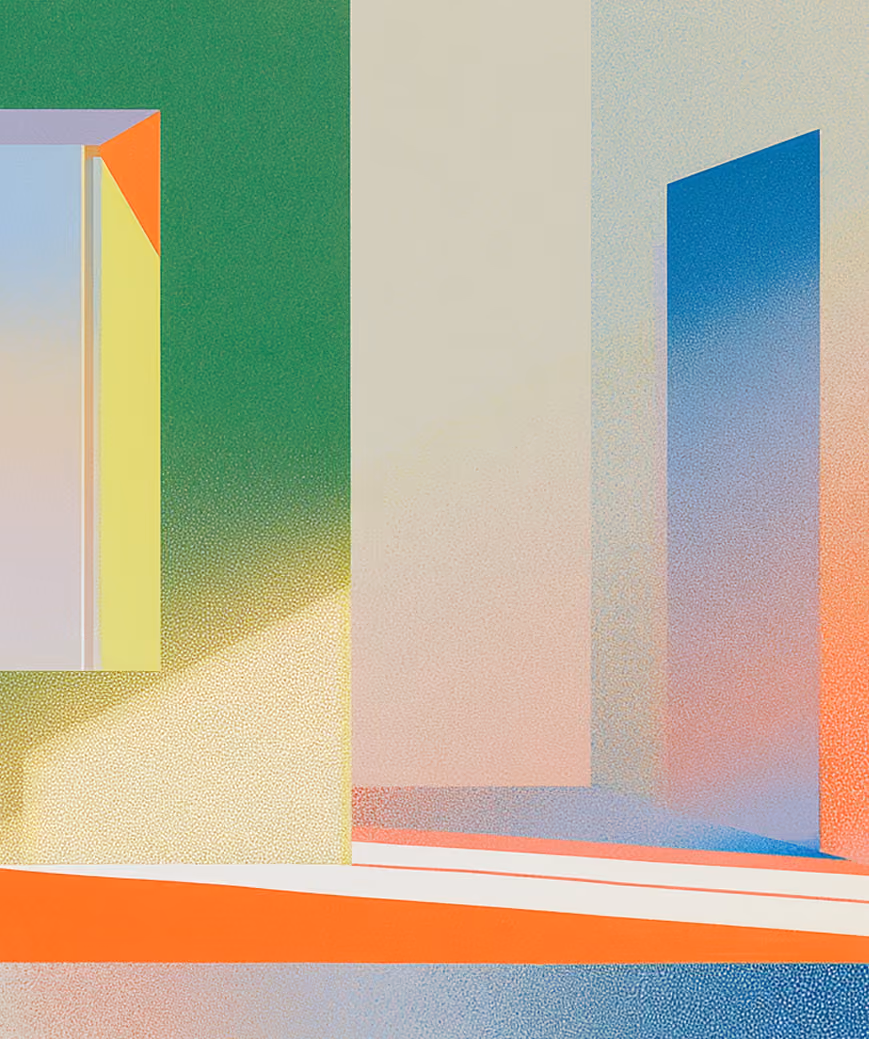 Abstract colorful shapes and shadows creating a geometric architectural composition.