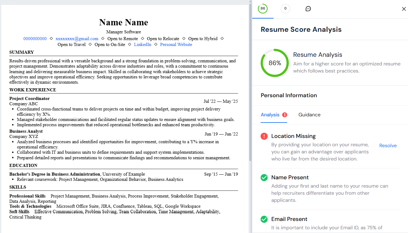 Screenshot showing Careerflow's resume builder guiding the user