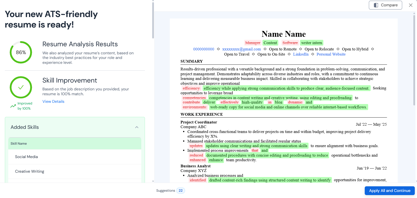 Resume analysis results from our dedicated builder