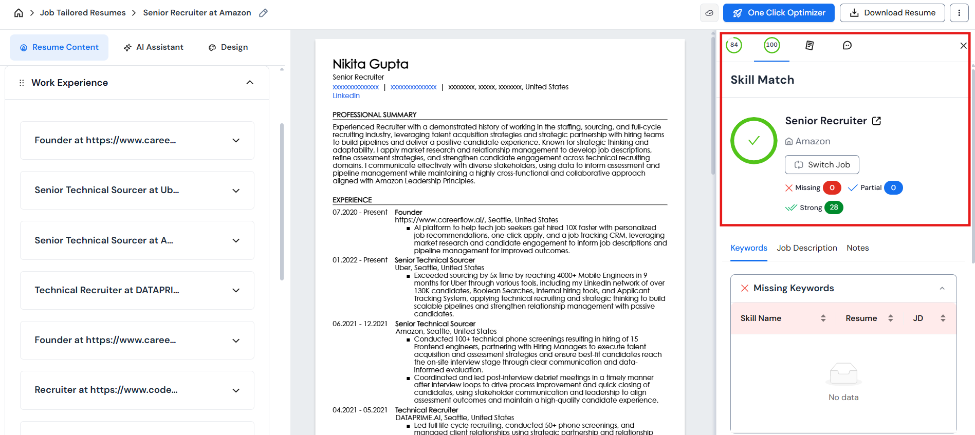Screenshot displaying the Skill Match Score in Careerflow's resume builder