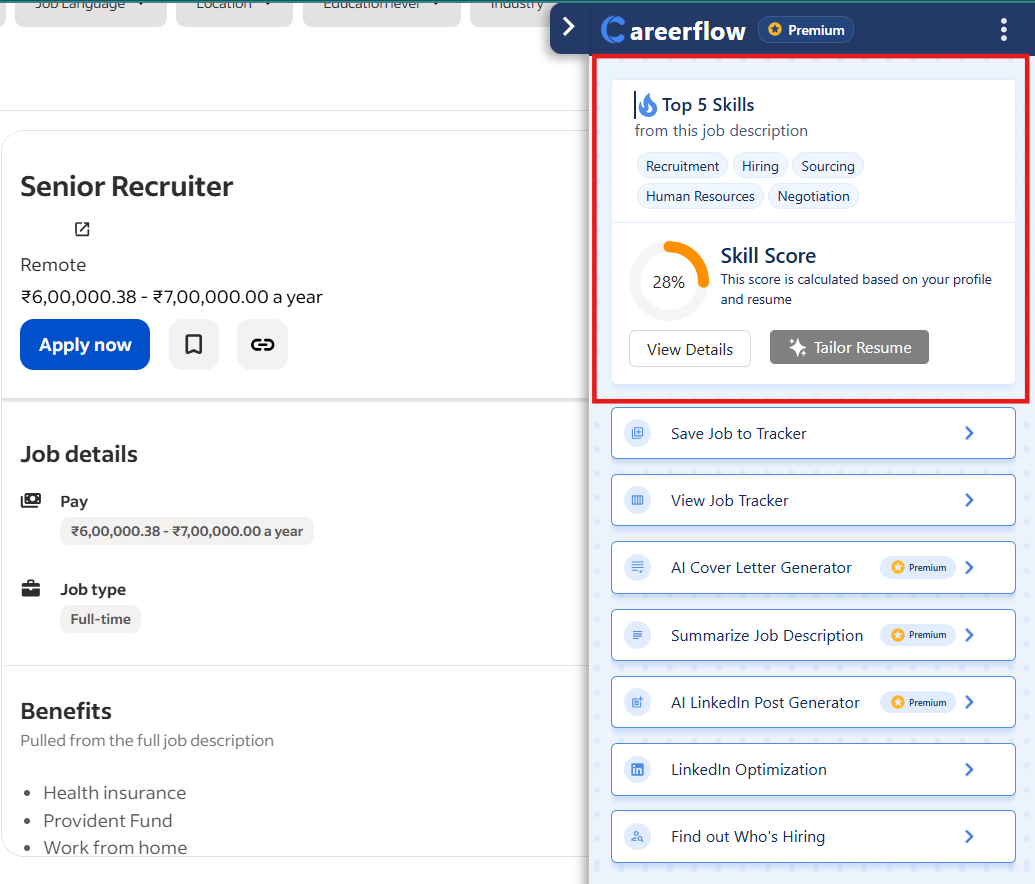 A screenshot of the Skill Score in Careerflow's browser extension