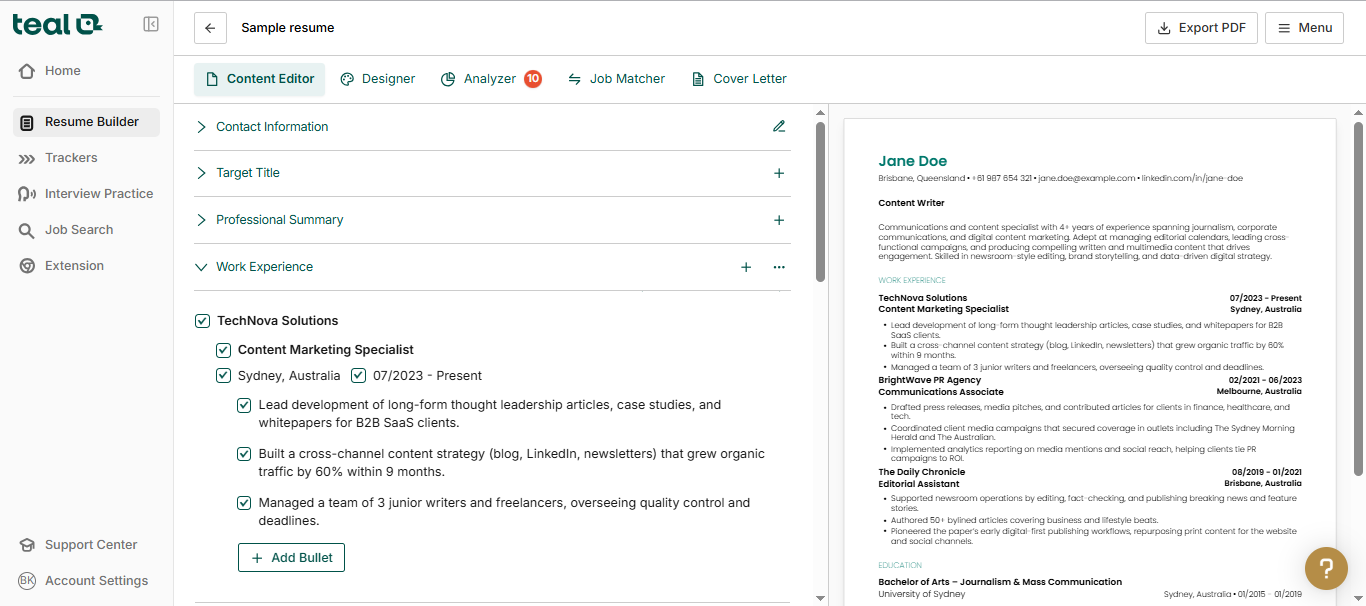 A screenshot of Teal's resume builder