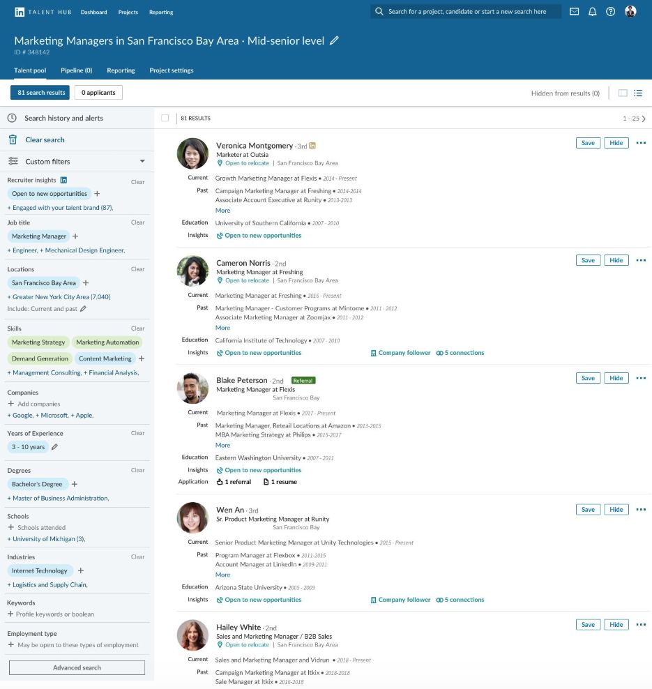 A screenshot of the LinkedIn Recruiter interface, searching for qualified job seekers