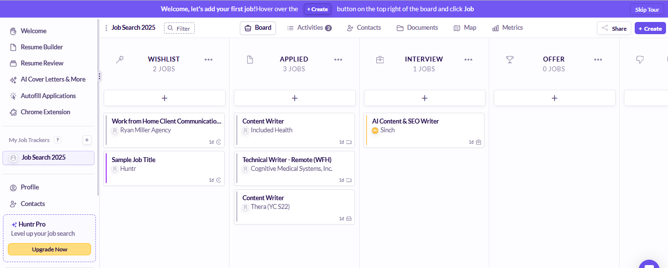 Huntr's job tracker dashboard