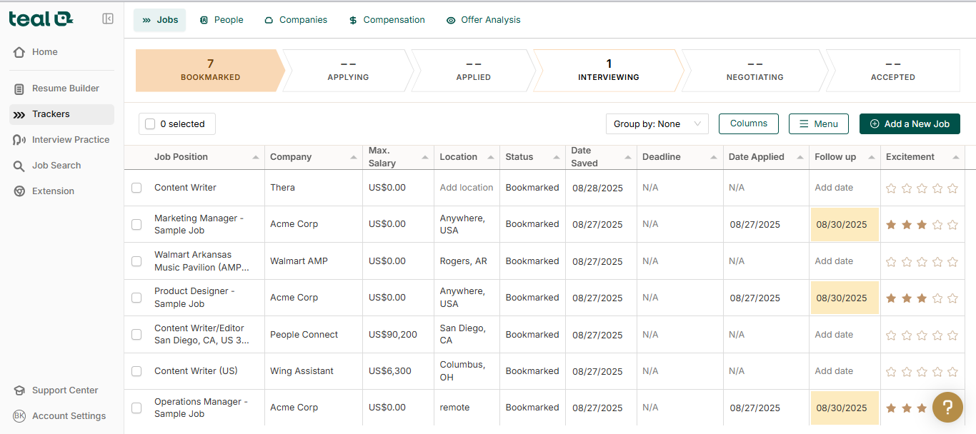 Teal's job tracker dashboard
