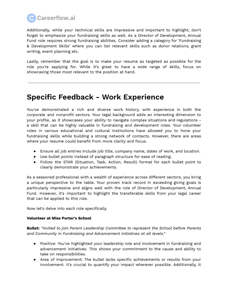 A sample of Careerflow's resume review service output.