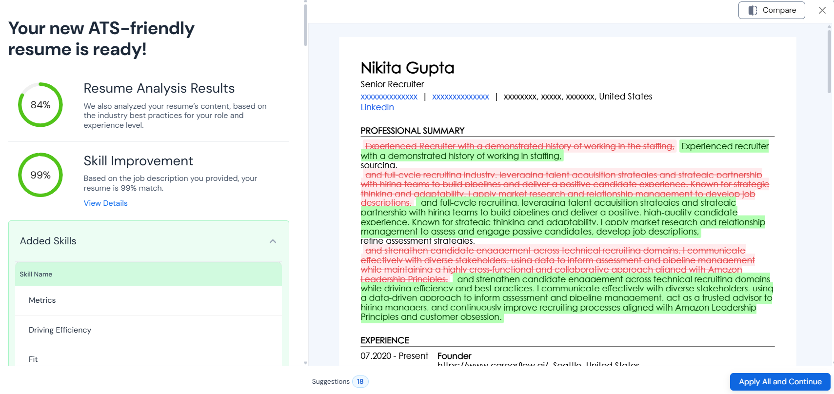 A screenshot of Careerflow's Resume Optimizer
