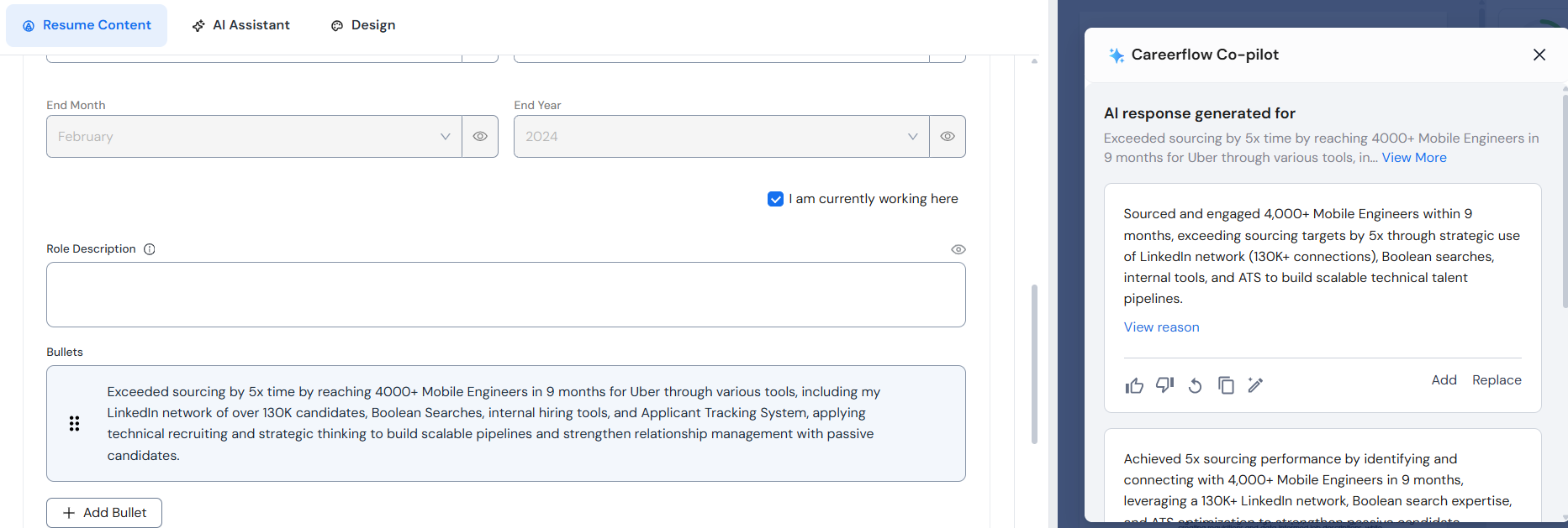 Careerflow's AI bullet point writer feature