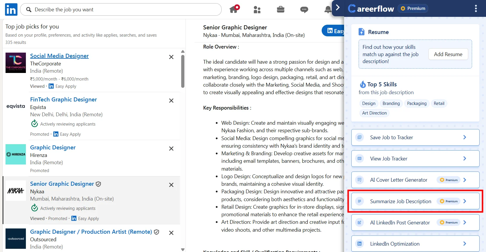 Careerflow's job description summarizer from the Chrome sidebar extension