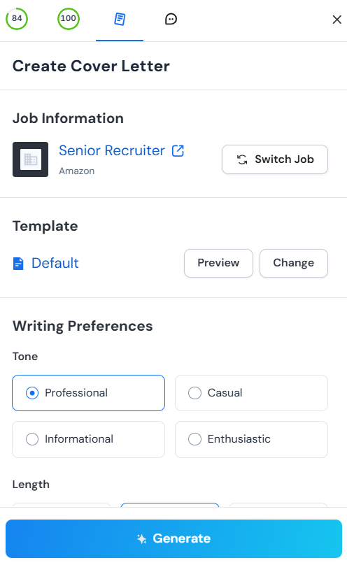 Creating a cover letter with Careerflow