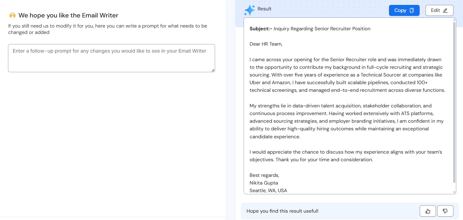 The AI Email Writer interface from Careerflow