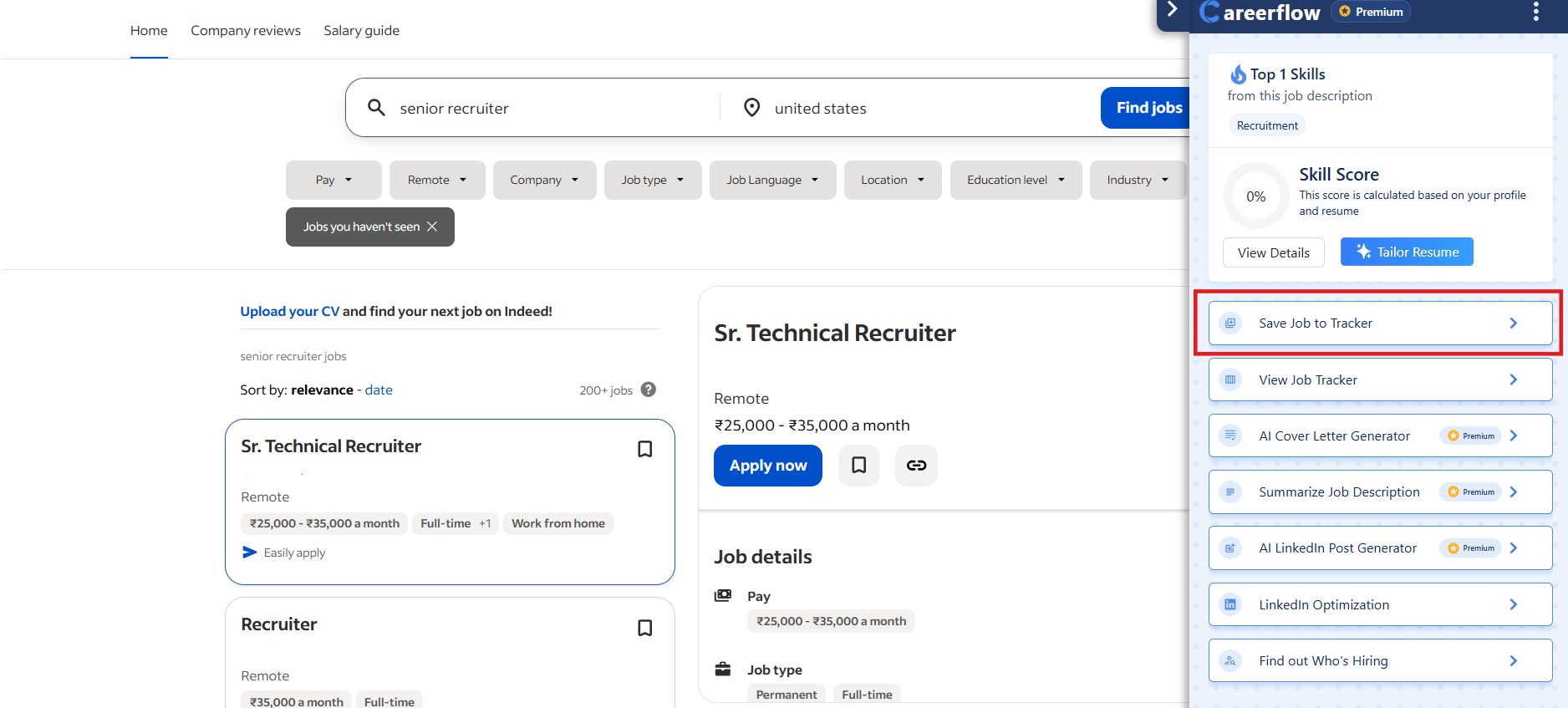 Using Careerflow's Chrome extension to save job ad info to the job tracker automatically