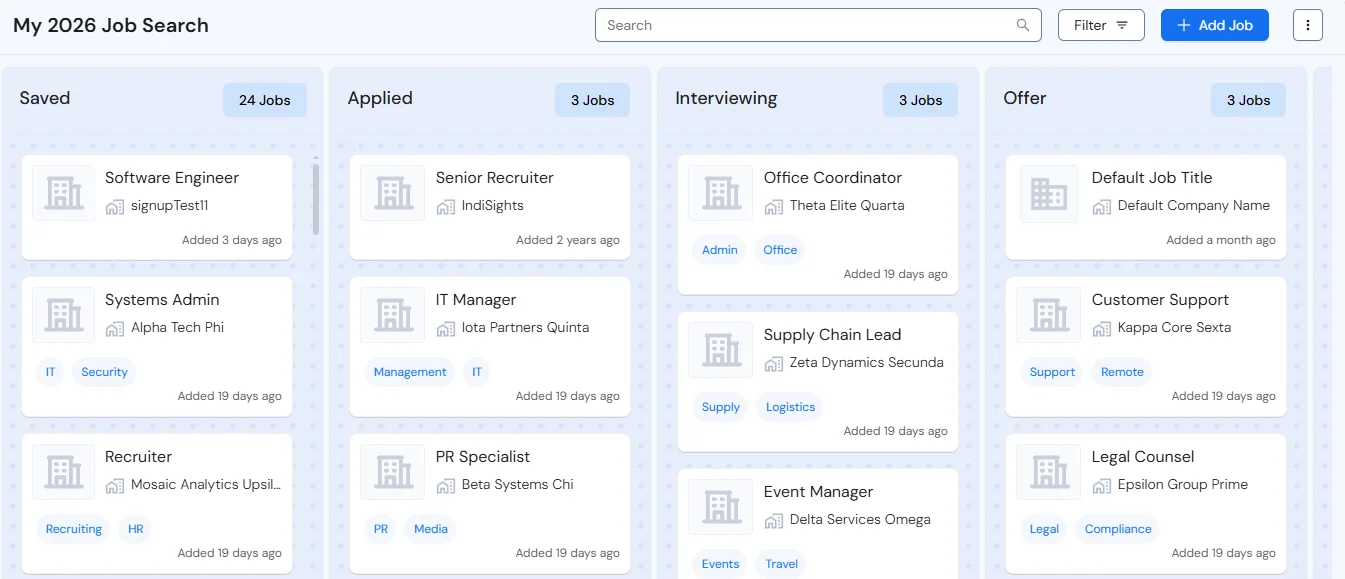 A screenshot of Careerflow's job tracker being used to help a user keep track of job applications