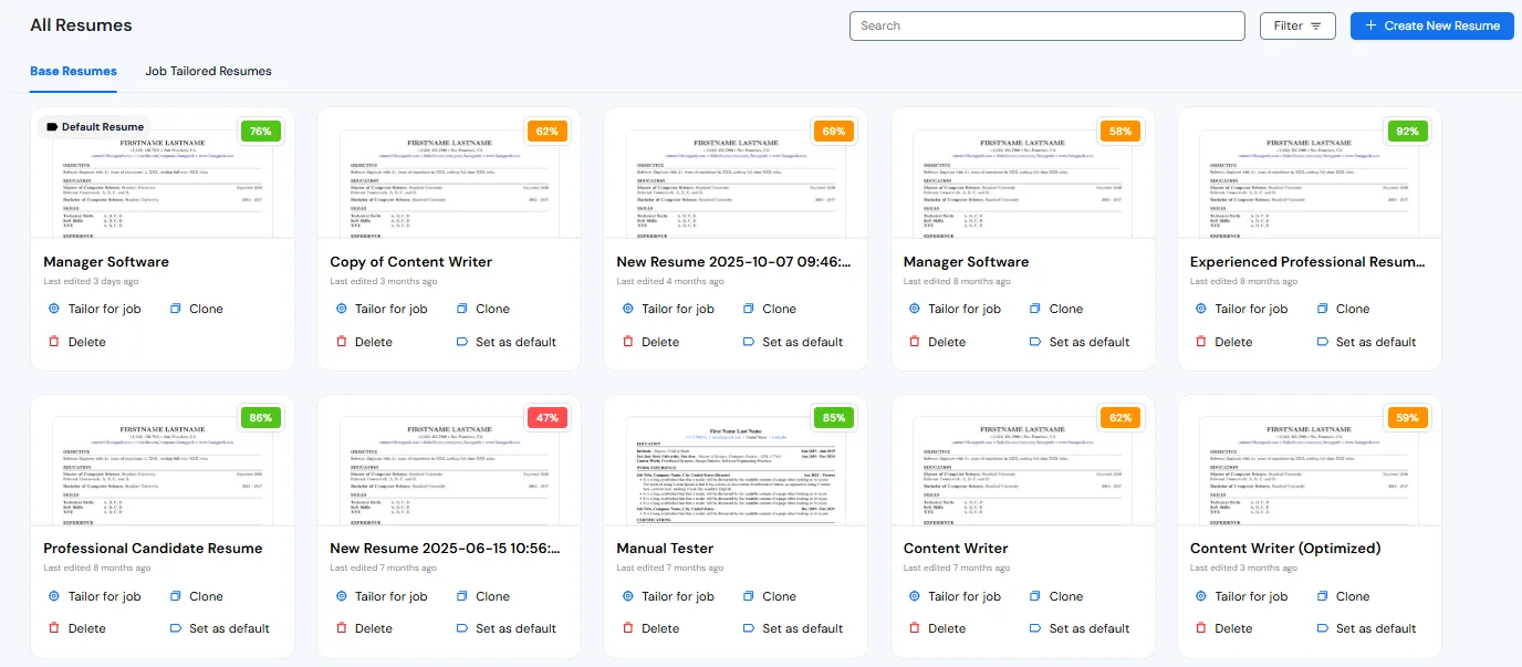A screenshot showing some of the resume templates available in Careerflow's AI resume builder