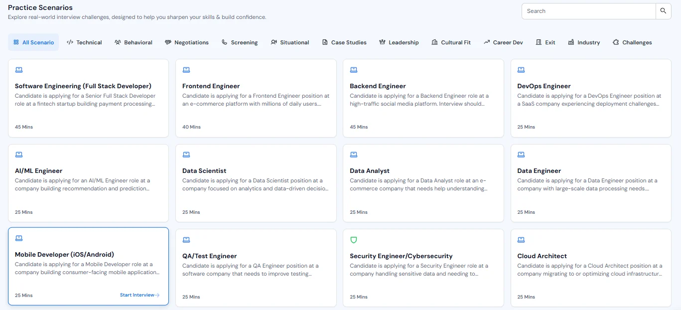 The interface for Careerflow's mock interview tool