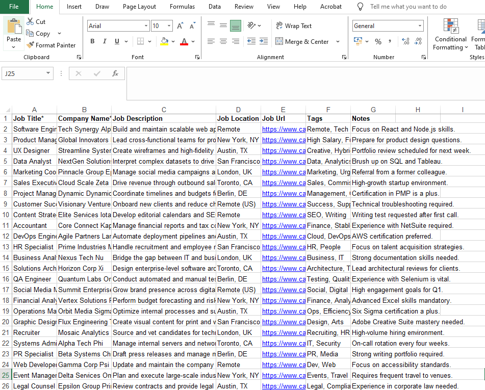 A messy job tracker spreadsheet, showing an overwhelming amount of data in a messy interface