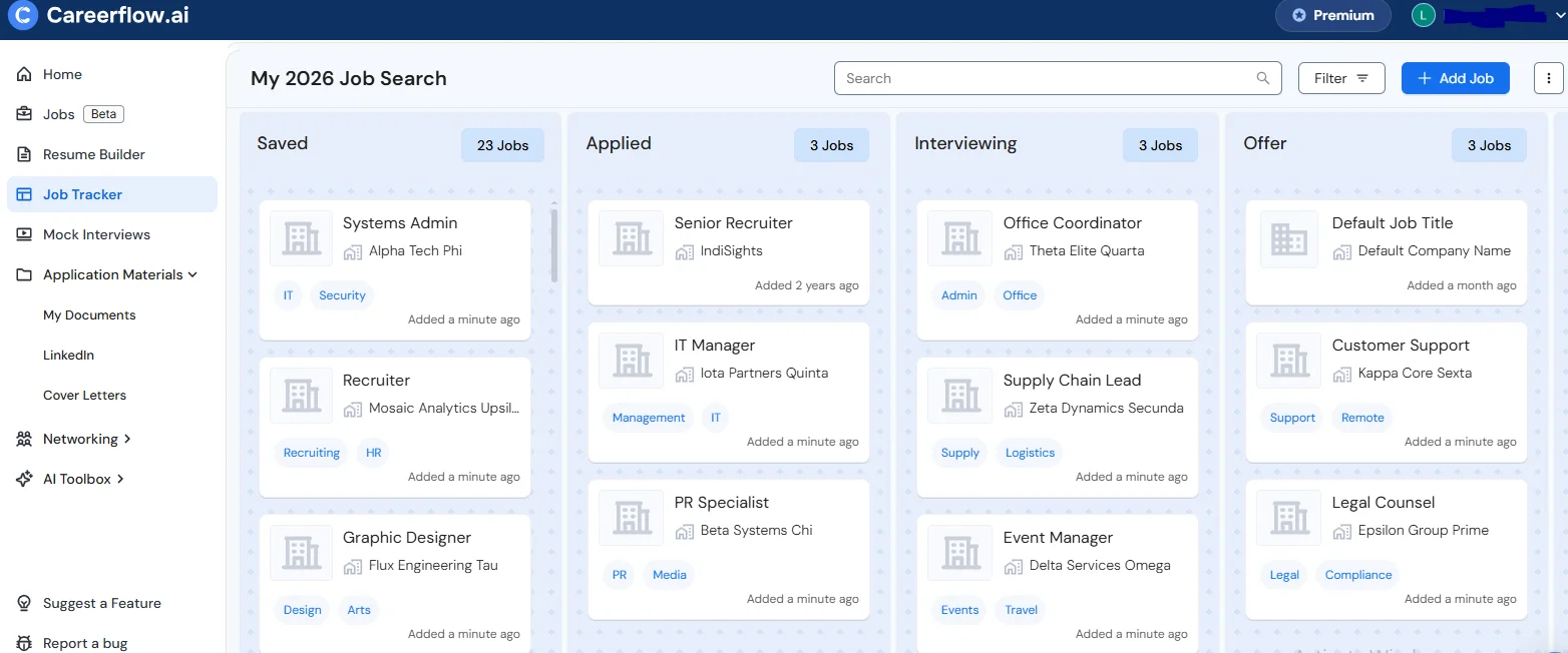 Careerflow's clean Job Tracker interface tracking a high volume of job applications