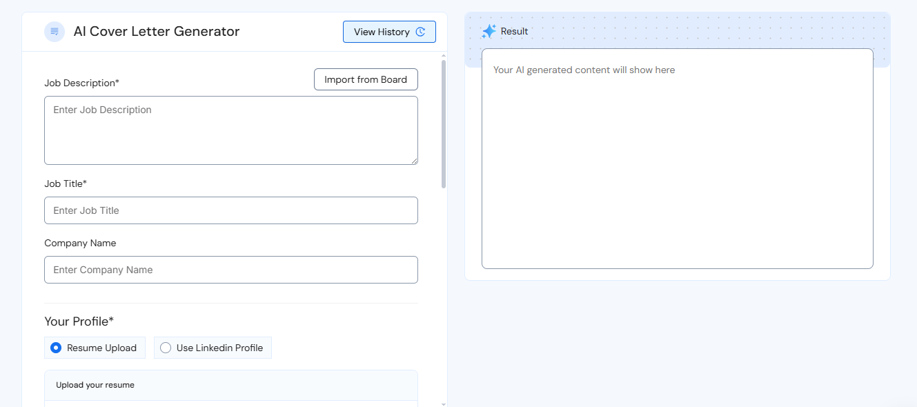 Careerflow's cover letter generator interface in use