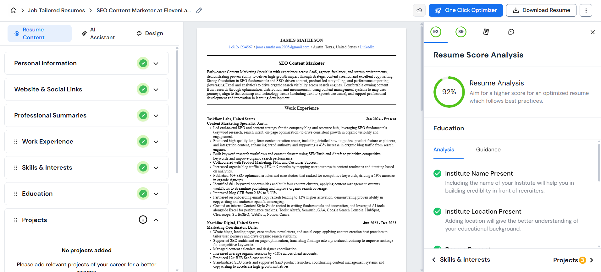 Completed resume after using Careerflow's AI Resume Builder