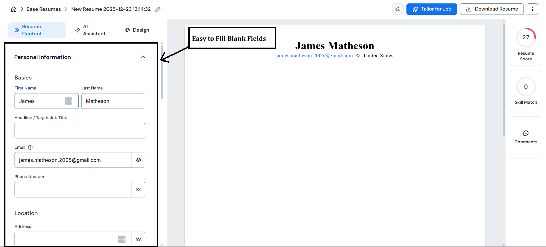 Careerflow's Resume Builder interface, inputting basic details to get started