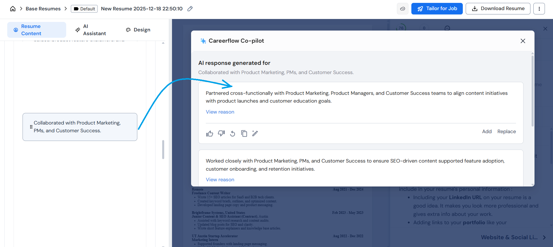 Careerflow's AI Co-pilot helping to build compelling resume points
