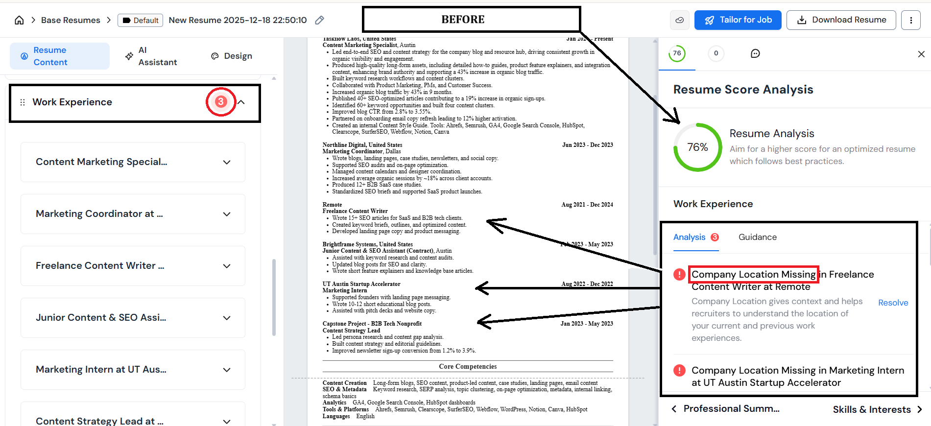 Careerflow's resume score analysis interface, helping to craft a more successful resume