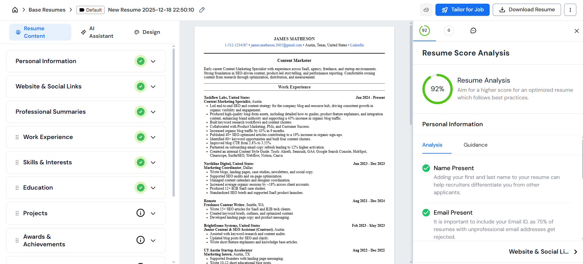 Resume analysis score after corrections have been applied