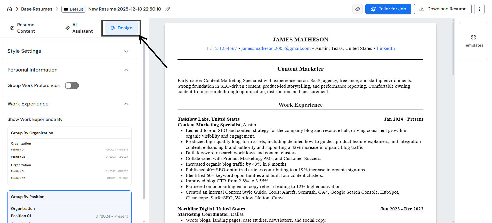 Careerflow's resume interface, changing the design