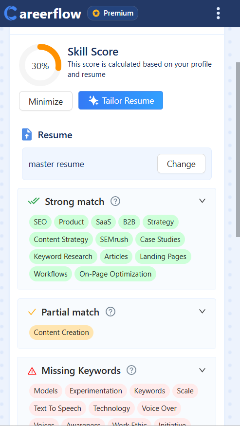 Our Chrome extension offering a skill score, indicating how much of a fit the job is, based on skills and experience