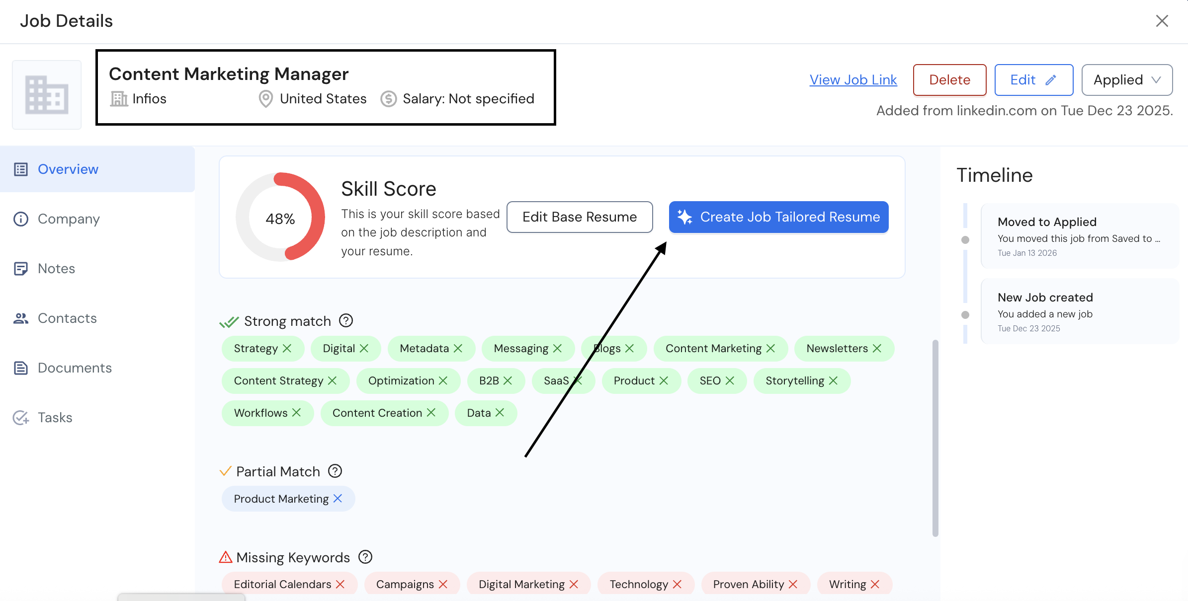 Careerflow's interface, allowing the user to create a job-tailored resume in one click, based on the job description