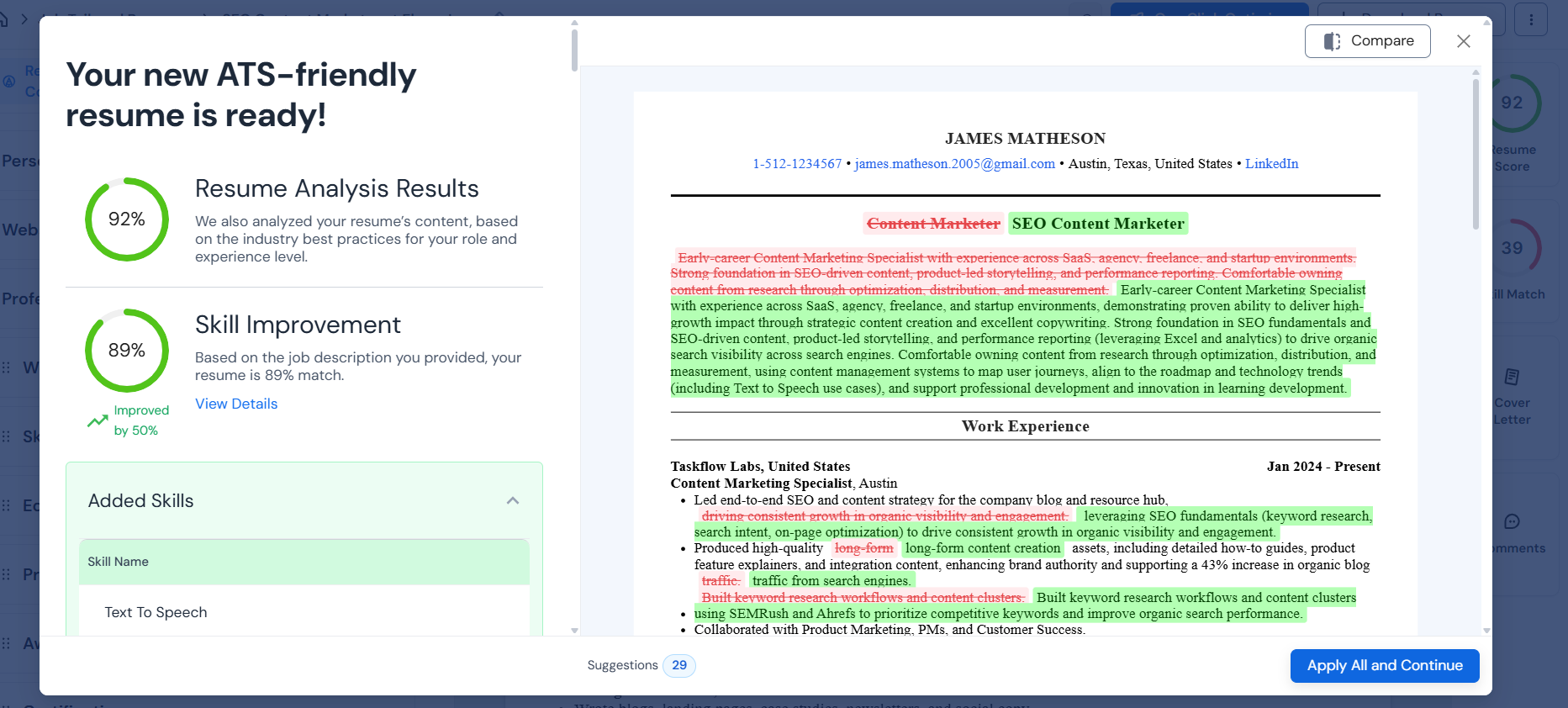 A screenshot showing Careerflow's job-tailored resume output