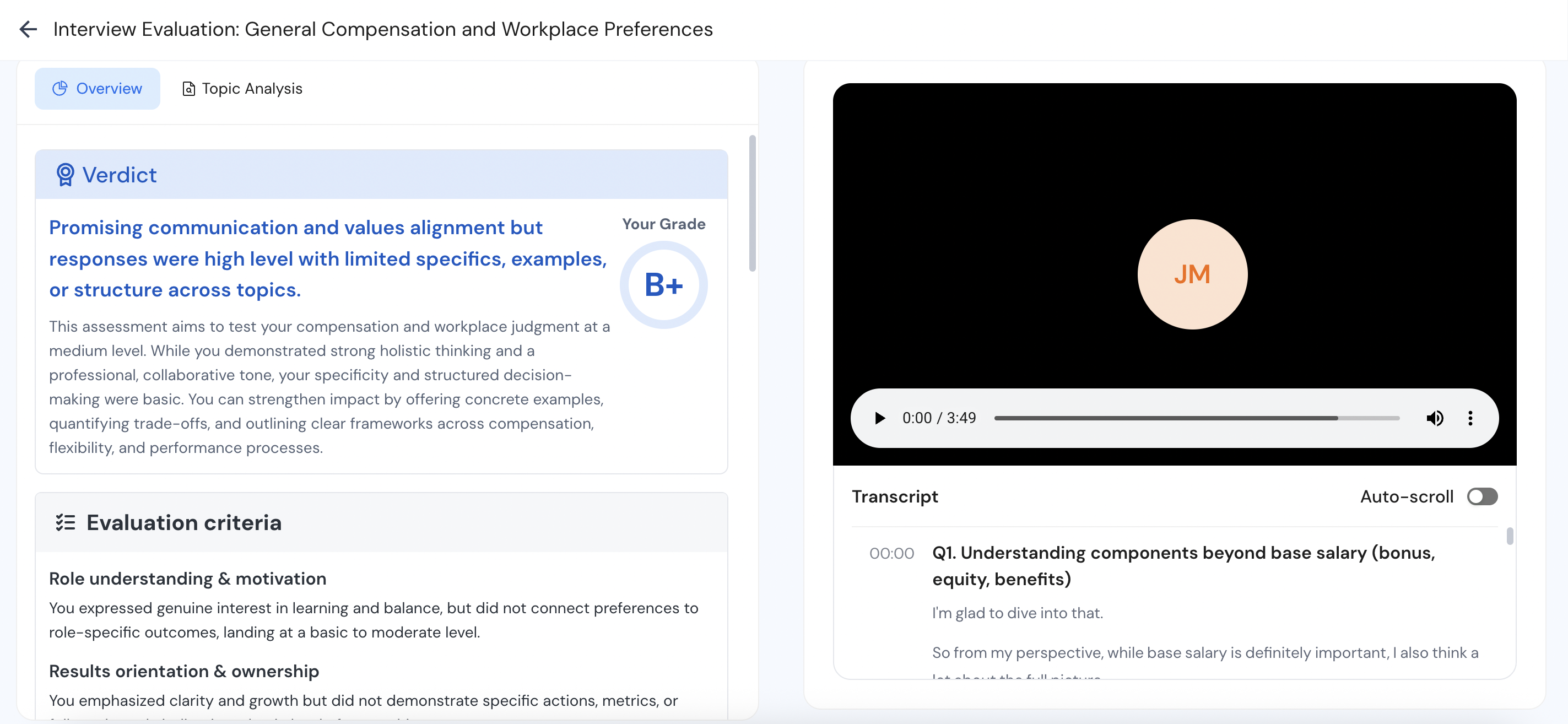 Overall evaluation grade and verdict from Careerflow's Mock Interview tool